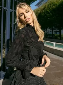 SHEIN Shirred Neck Ruffle Cuff Fuzzy Sheer Top - Black - View 1