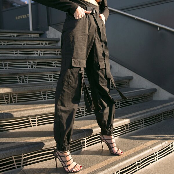 Tape Flap Pocket Front Belted Cargo Trousers, Black