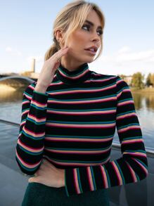 SHEIN Top de rayas vistosas de cuello alto - Multicolor - Ver 4