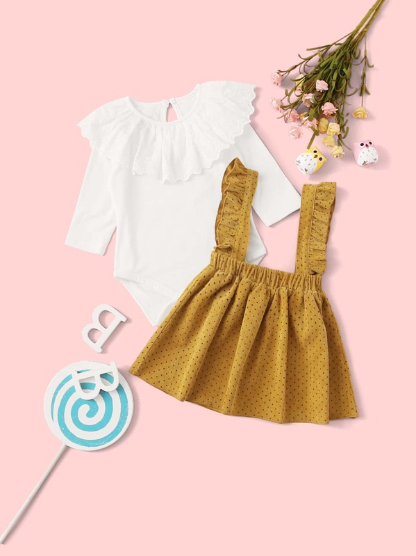 

Baby Girl Eyelet Embroidery Ruffle Romper With Corduroy Skirt, Multicolor
