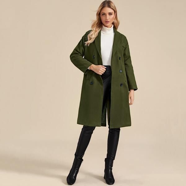 

Lapel Collar Double Breasted Tweed Coat, Army green