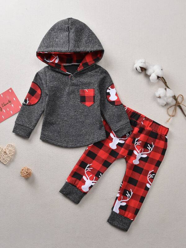

Toddler Boys Christmas New Year Patched Hoodie With Pants, Multicolor