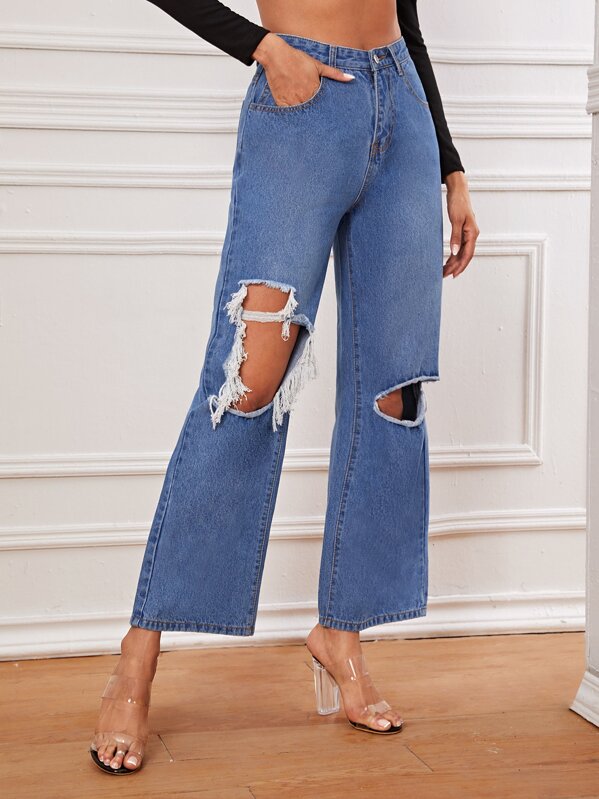 

Ripped Wide Leg Solid Jeans, Blue, Andy