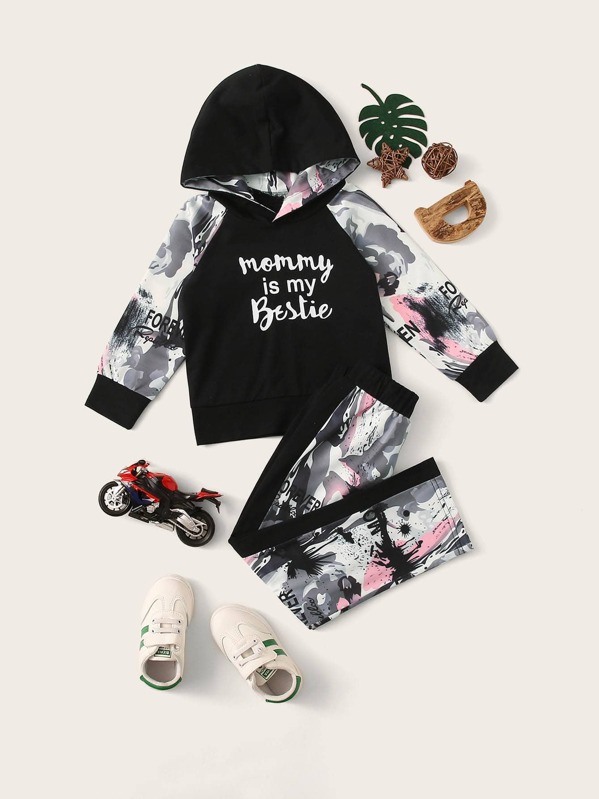 

Toddler Boys Contrast Panel Slogan Graphic Hoodie With Leggings, Multicolor