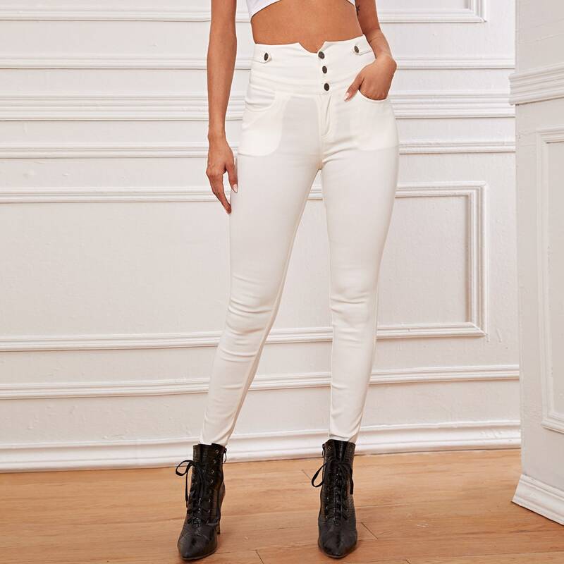

V-Cut Waist Slant Pocket Skinny Jeans, White