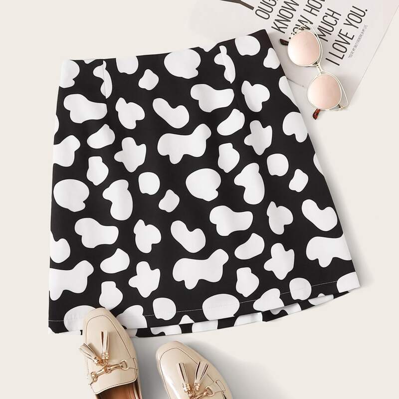

Dalmatian Print Elastic Waist Skirt, Black and white