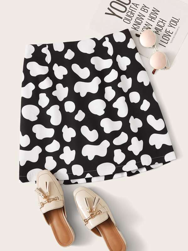 

Dalmatian Print Elastic Waist Skirt, Black and white