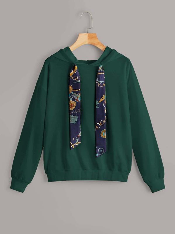 

Chain Print Drawstring Drop Shoulder Hoodie, Green