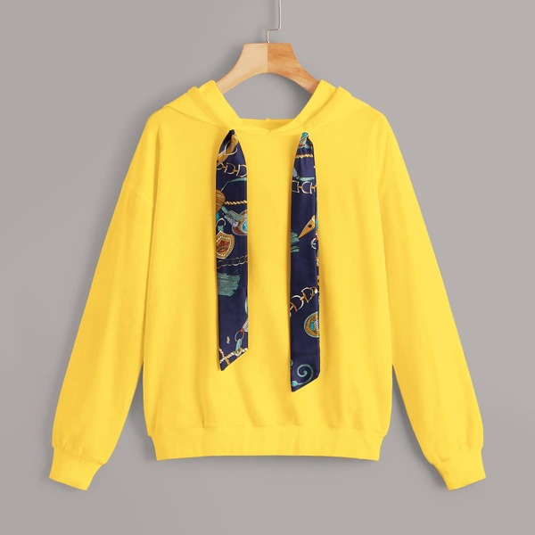 

Chain Print Drawstring Drop Shoulder Hoodie, Yellow bright