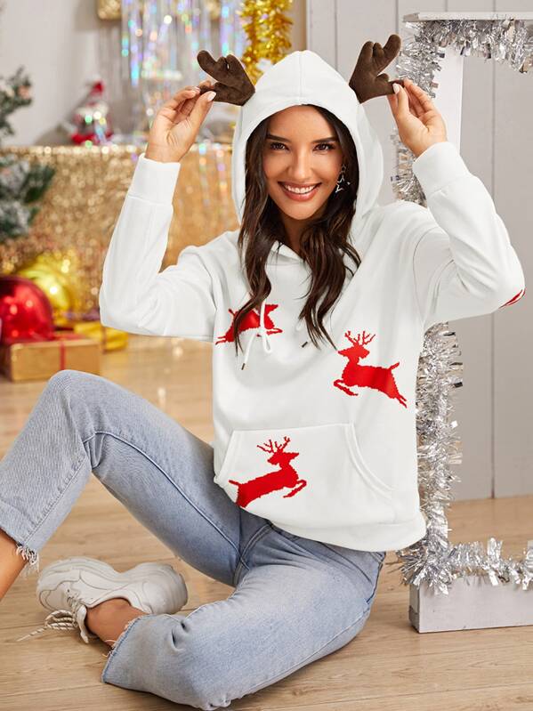 

Christmas New Year Dear Print Kangaroo Pocket Hoodie, White, Juliana