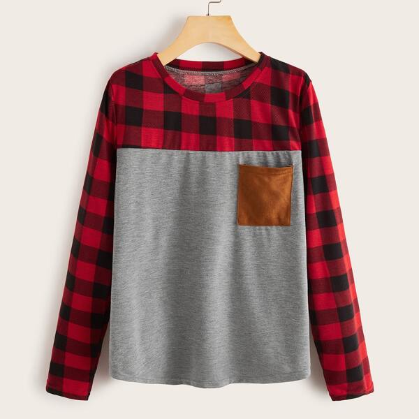

Colorblock Gingham Print Pocket Patched Tee, Multicolor