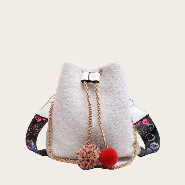 

Girls Pom Pom Decor Fluffy Bucket Bag, White