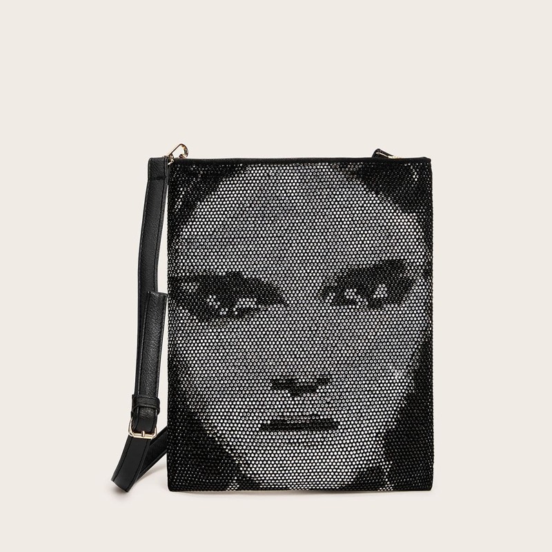 

Rhinestone Decor Figure Graphic Tote Bag, Black