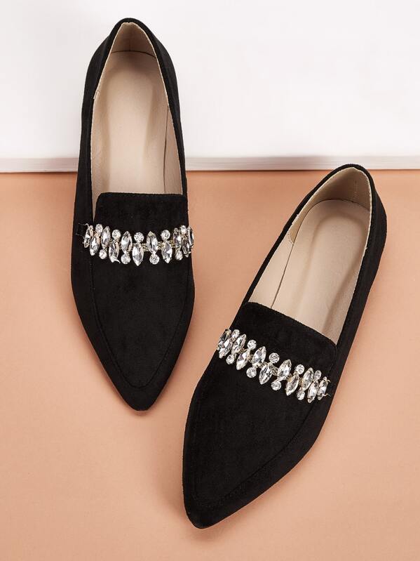 

Point Toe Rhinestone Decor Loafers, Black