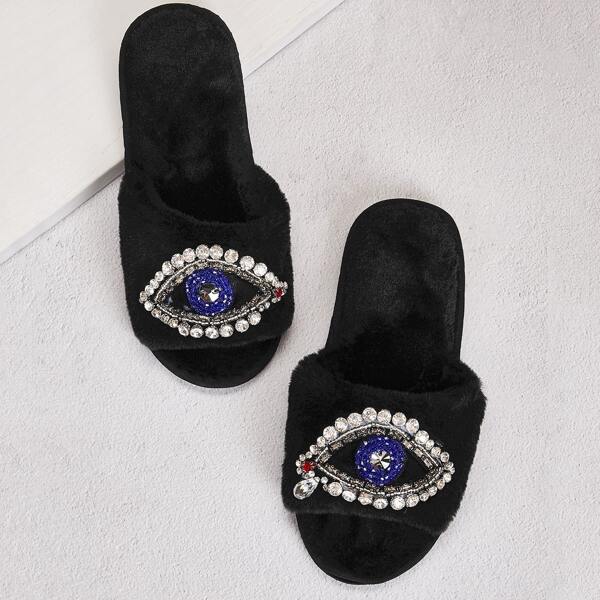 

Rhinestone Decor Open Toe Fluffy Slippers, Black
