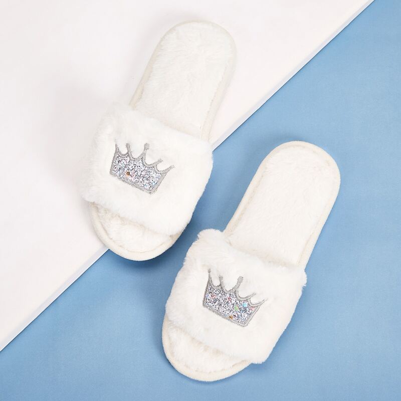 

Glitter Crown Embroidered Slippers, White