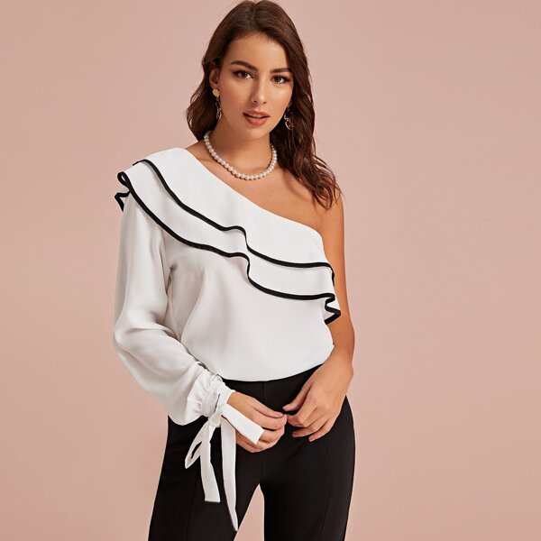 

Contrast Binding One Shoulder Tie Cuff Blouse, White