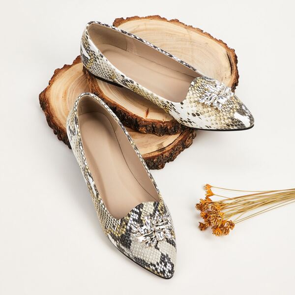 

Jewelled Decor Point Toe Snakeskin Flats, Multicolor