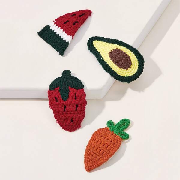 

4pcs Girls Carrot & Strawberry Design Knit Hair Clip, Multicolor