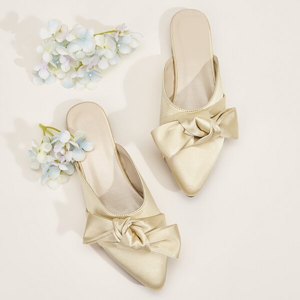

Point Toe Knotted Bow Decor Flat Mules, Champagne
