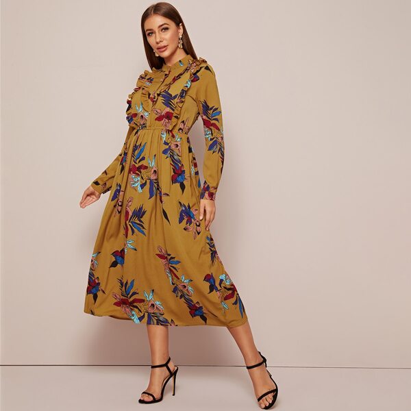 

Chiffon Floral Print Frill Trim A-line Dress, Yellow