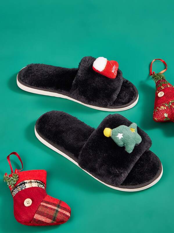 

Christmas Design Fluffy Slippers, Black