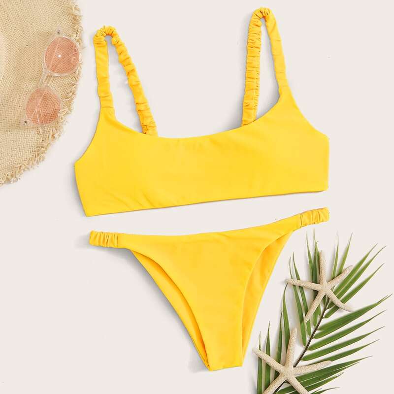 

Solid Elastic Strap Bikini Set, Yellow