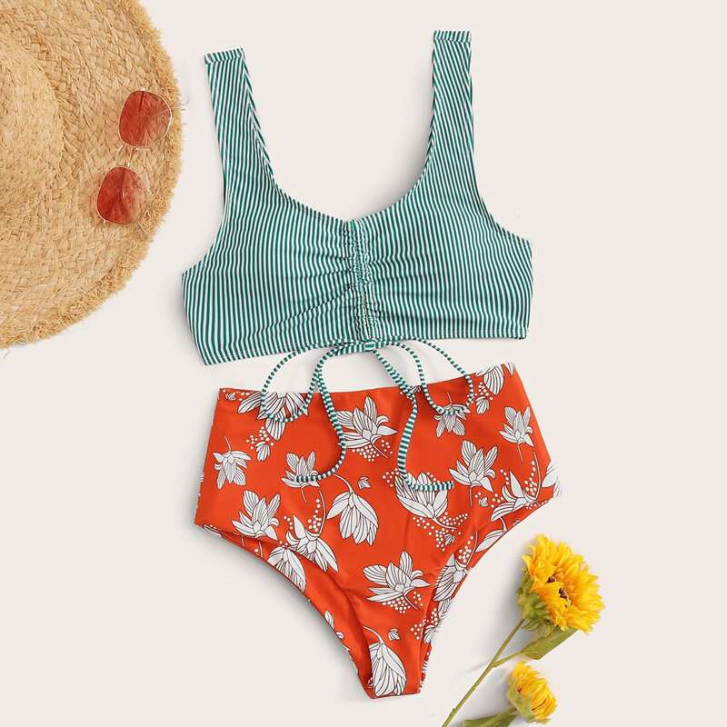 

Striped Top With Floral Print High Waist Bikini Set, Multicolor