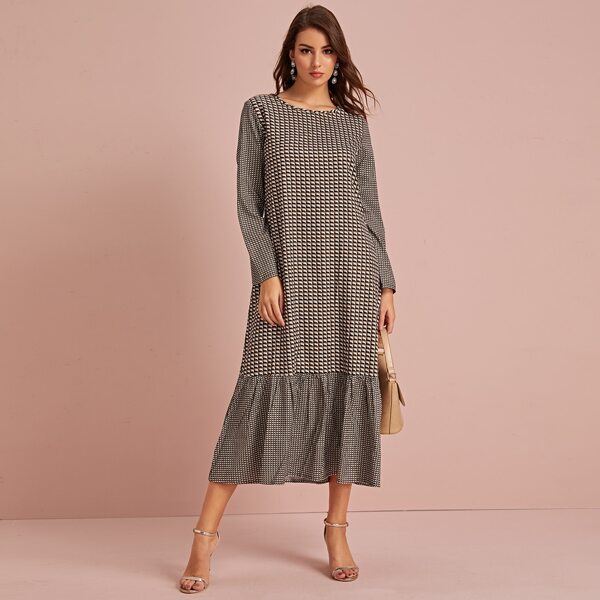 

Plaid Long Sleeve Longline Smock Dress, Brown