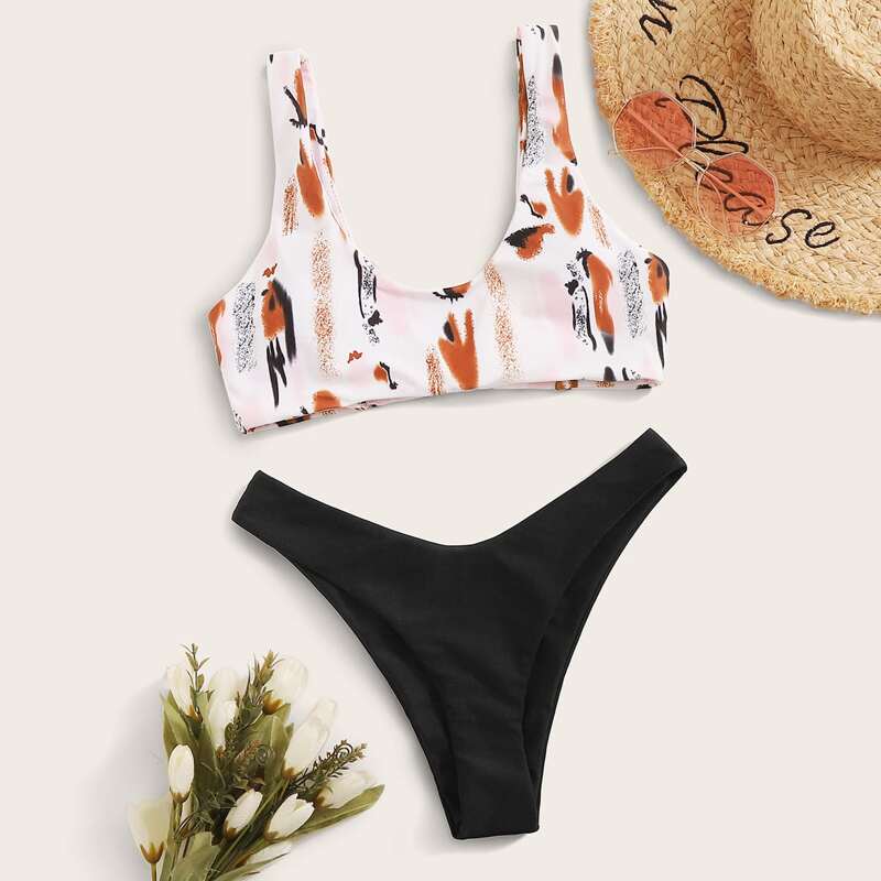 

Graphic Print Top With High Cut Bikini Set, Multicolor