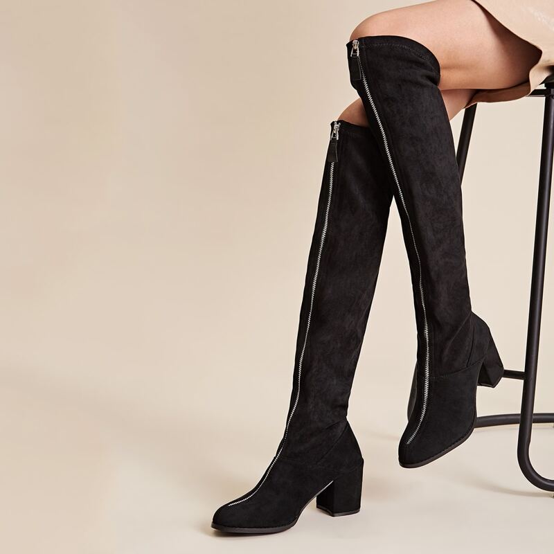 

Zip Front Chunky Heeled Knee Length Boots, Black
