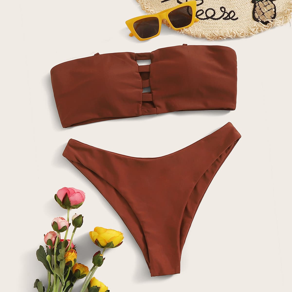 

Solid Cut-out Bandeau Bikini Set, Brown