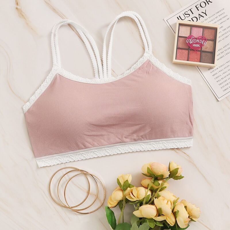 

Floral Lace Rib Bra, Pink