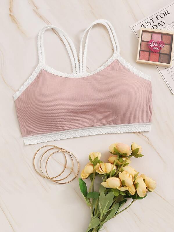 

Floral Lace Rib Bra, Pink