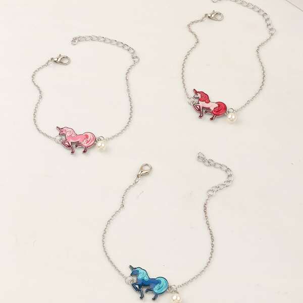 

3pcs Girls Horse Decor Chain Bracelet, Multicolor