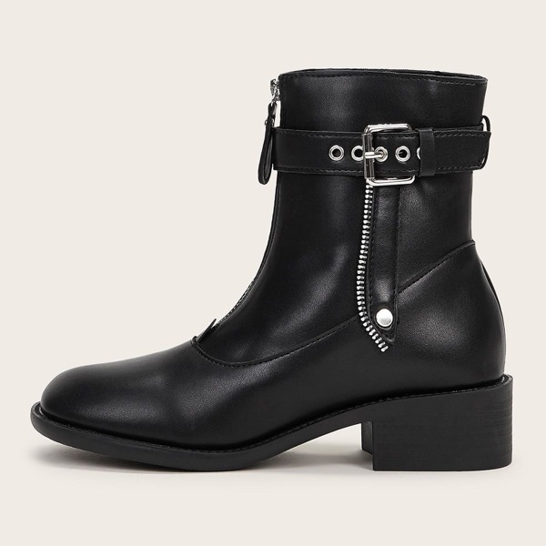 

Buckle Decor Zip Front Boots, Black