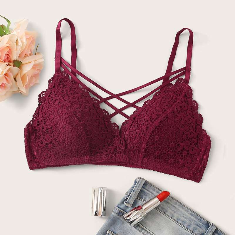 

Floral Lace Criss Cross Bra, Burgundy