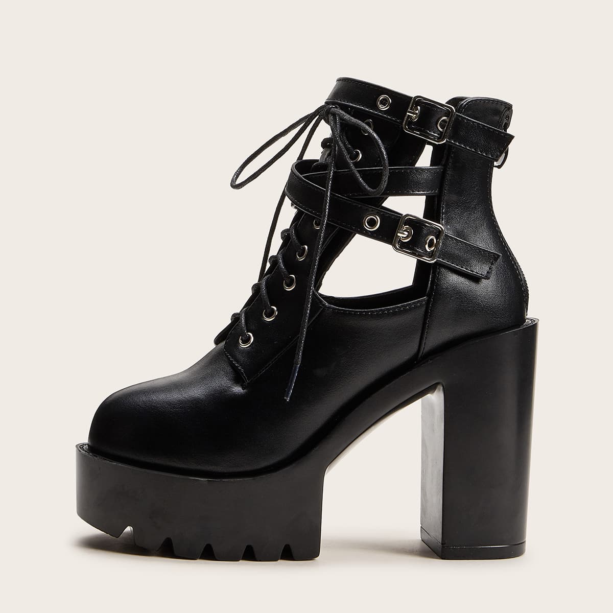 

Double Buckle Decor Side Cut Chunky Boots, Black