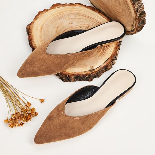 

Point Toe Suede Flat Mules, Khaki