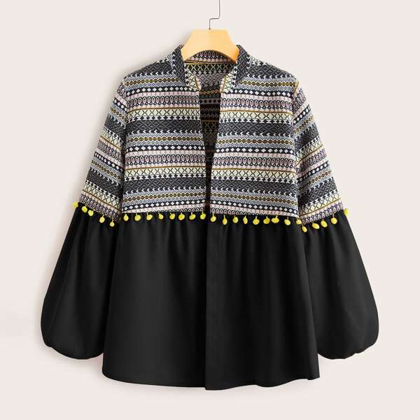 

Tribal Print Bishop Sleeve Coat, Black