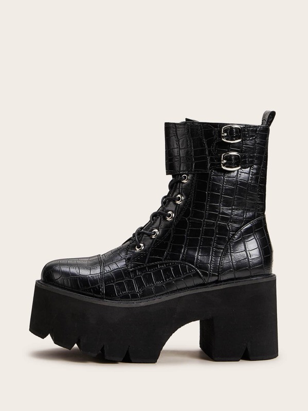

Croc Embossed Platform Chunky Boots, Black