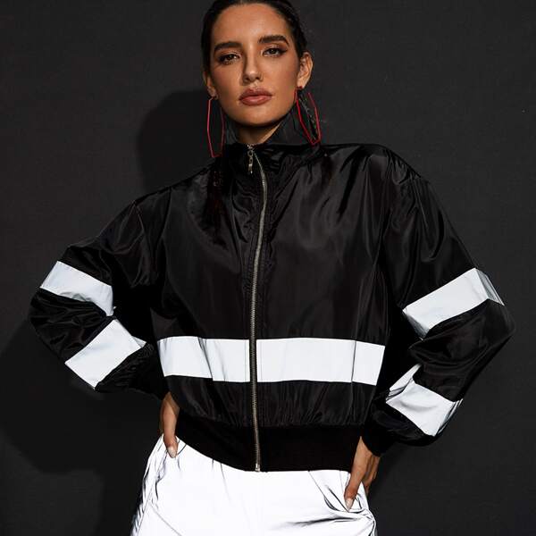 

Colorblock Reflective Zip Up Wind Jacket, Black