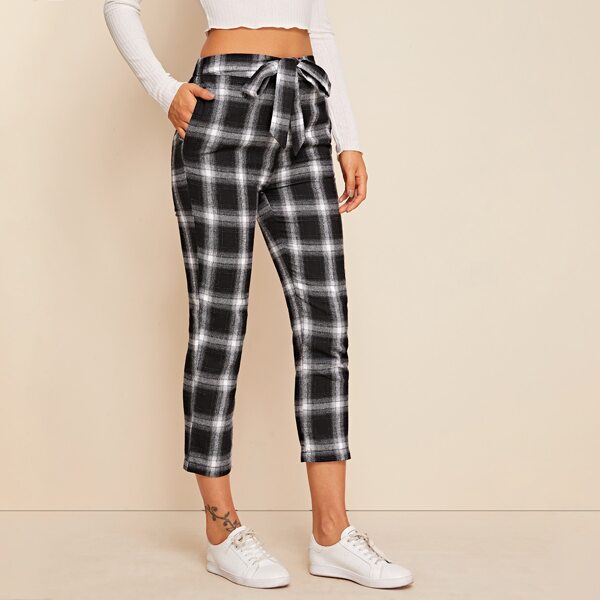 Self Tie Slant Pocket Tartan Pants, Black and white