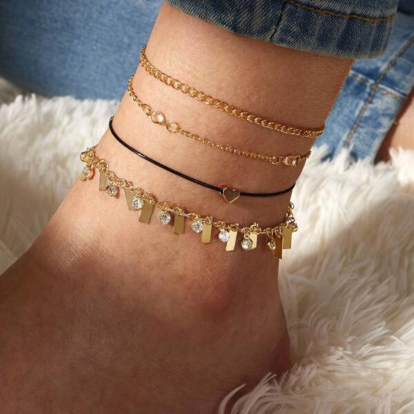 

4pcs Rhinestone & Heart Decor Anklet, Gold