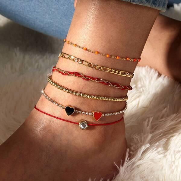 

6pcs Rhinestone Decor Braided Anklet, Multicolor