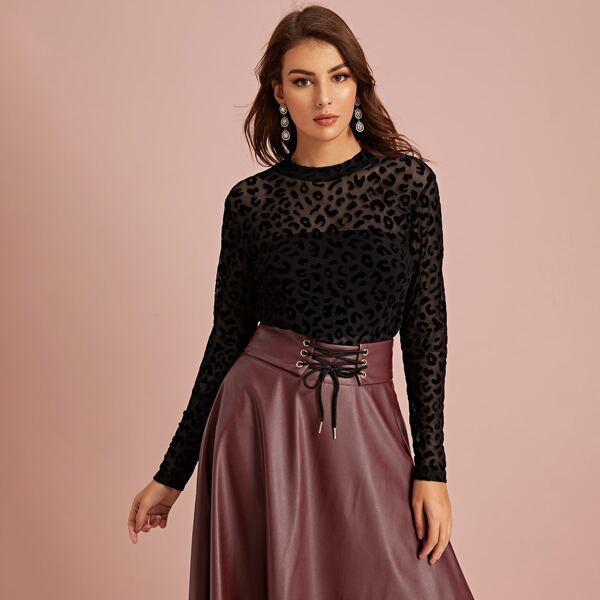 

Sheer Mesh Graphic Print Top, Black