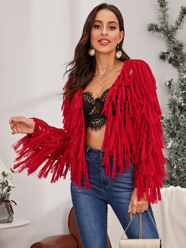 Open Front Shaggy Knit Crop Cardigan, Red, Mary P.