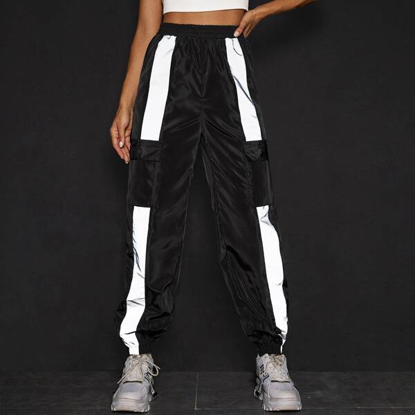

Reflective Panel Flap Pocket Wind Pants, Black