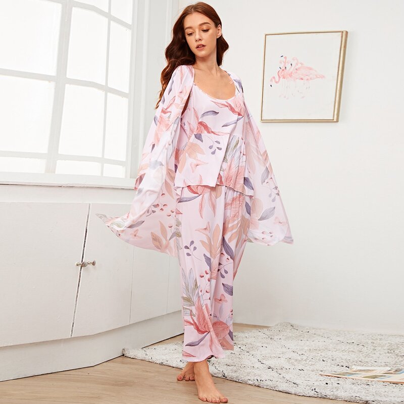 

3pcs Plant Print Cami PJ Set With Robe, Pink