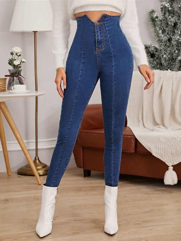 

Notched High Waist Jeggings, Blue, Mary P.
